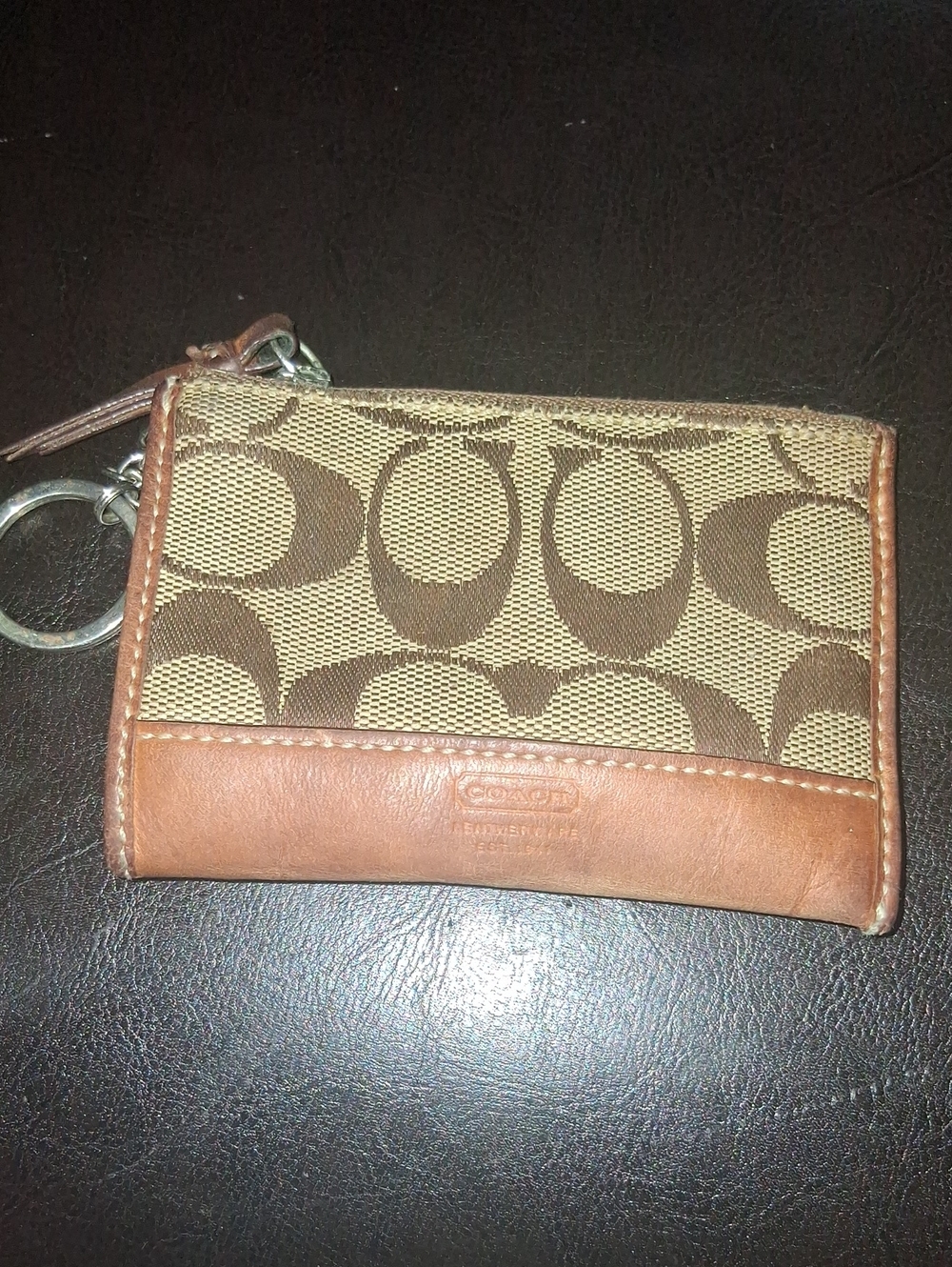 Coach Signature Canvas Card Case with Brown Leather Trim